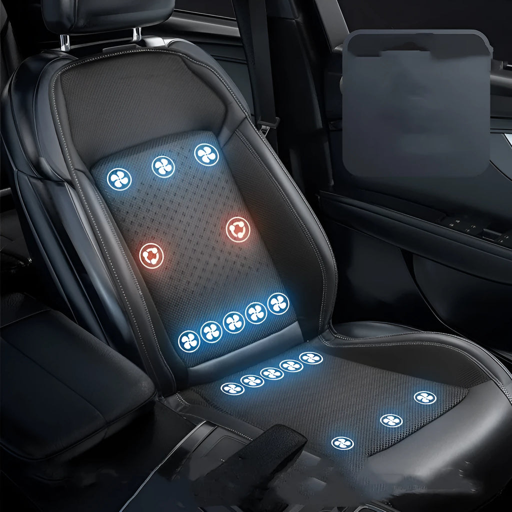 Car seat cooling pad with USB ventilation and massage functions in minimalist solid colour design