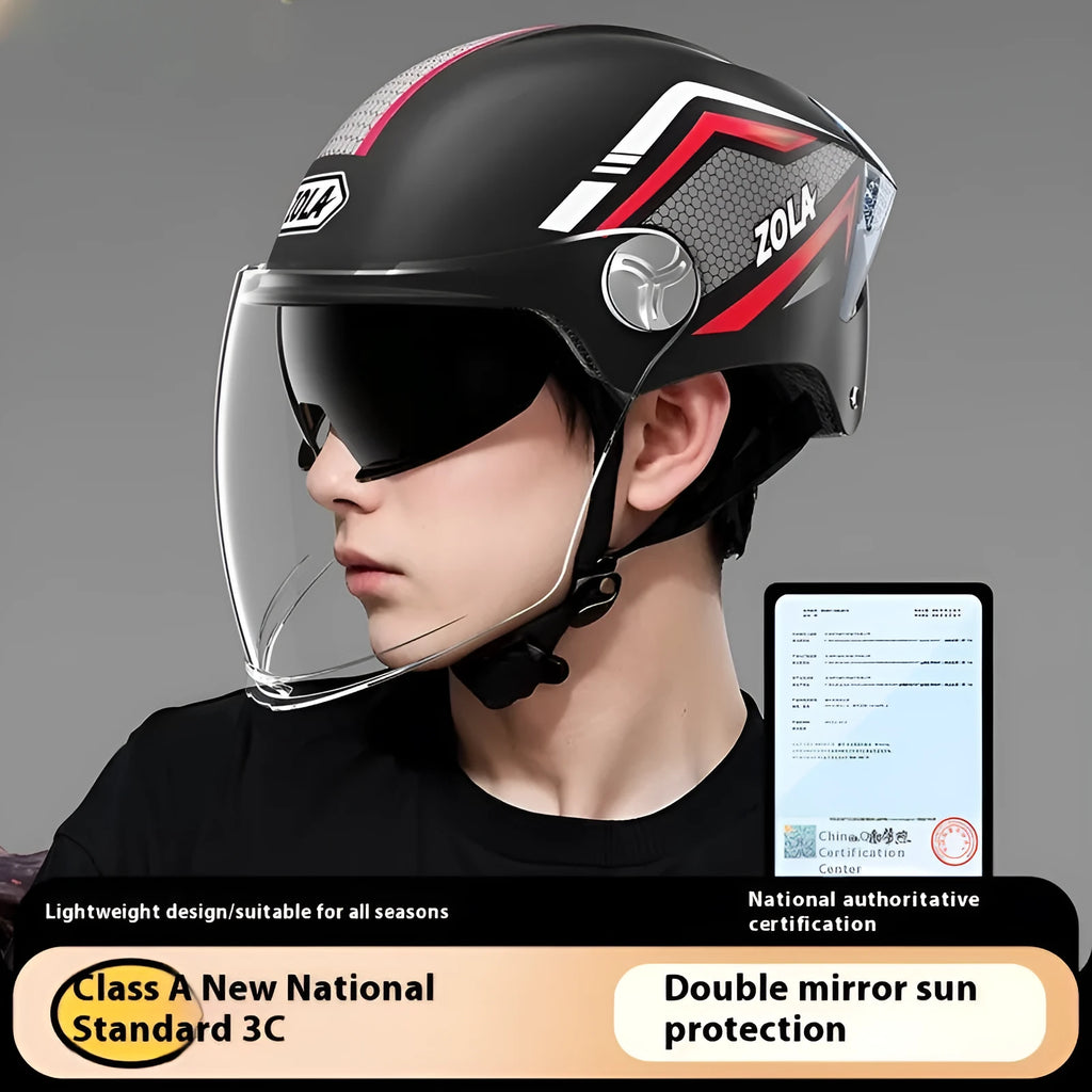 Children's 3C certified half helmet with double mirror sun visor in various colours including black brown khaki pink and white options
