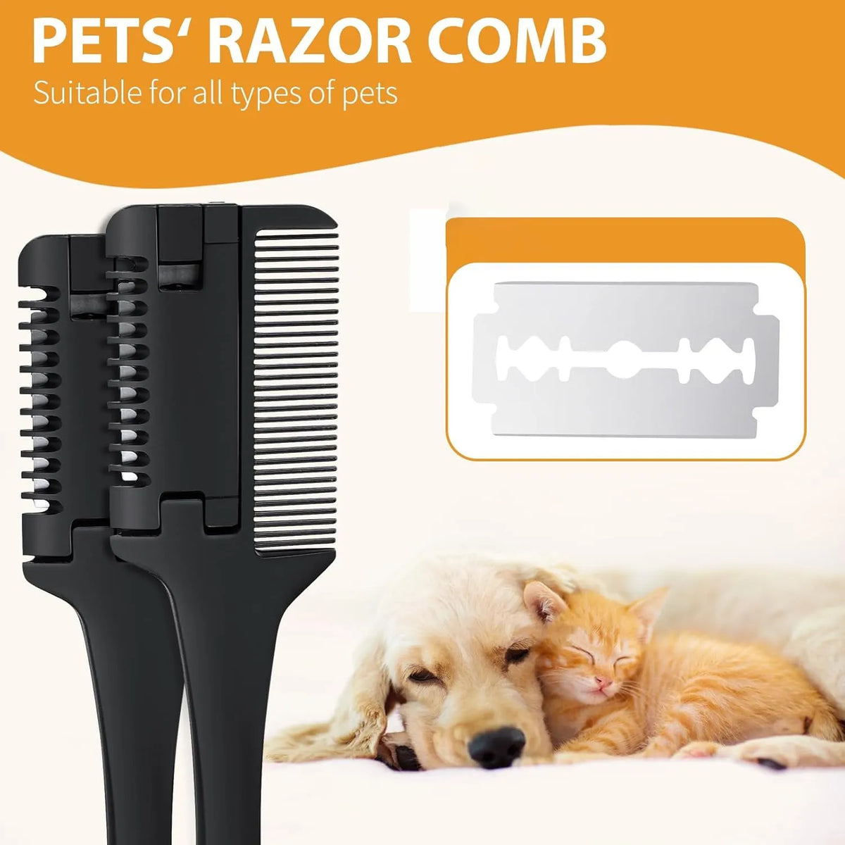 2 in 1 pet grooming razor comb for dogs and cats with replaceable blades on a white background.