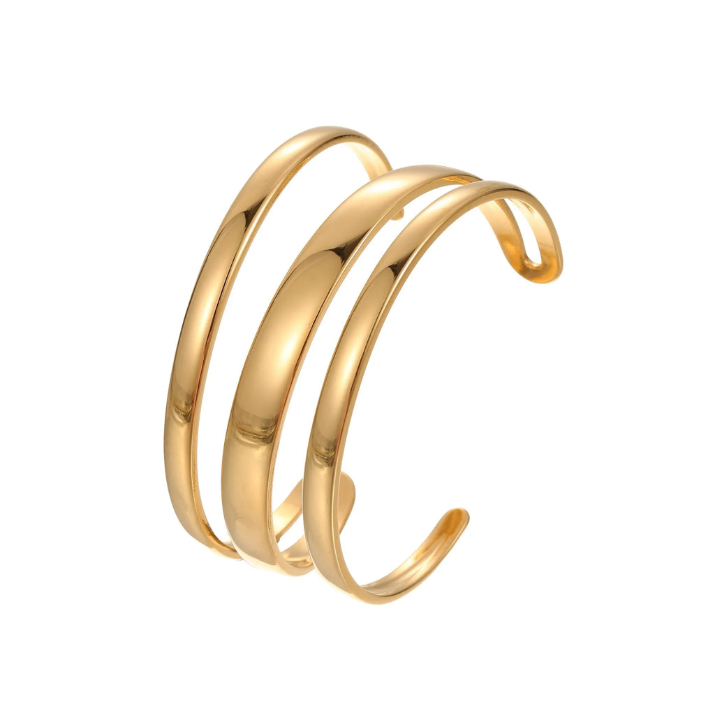 Stainless steel geometric open bracelet for women in gold or silver electroplated finish.