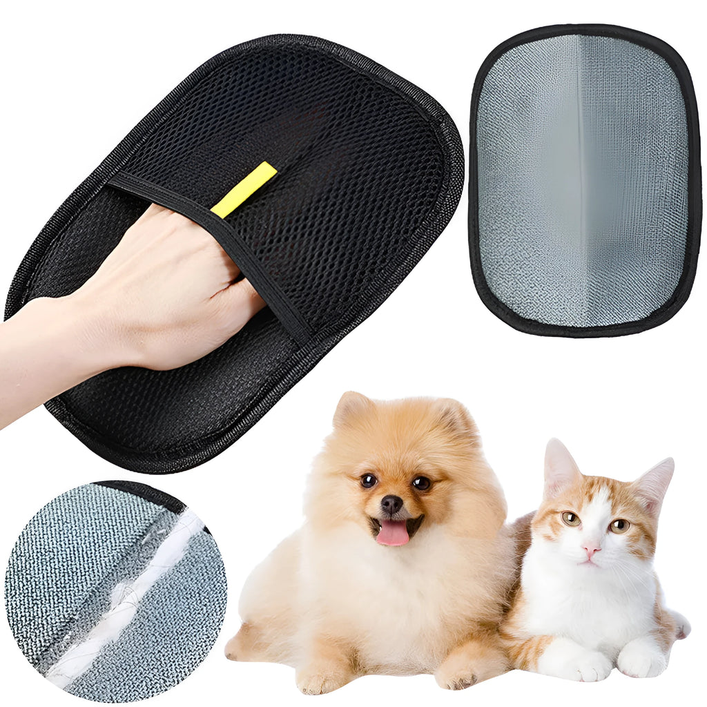 Black dual-sided pet hair removal glove with silicone bristles for dogs and cats