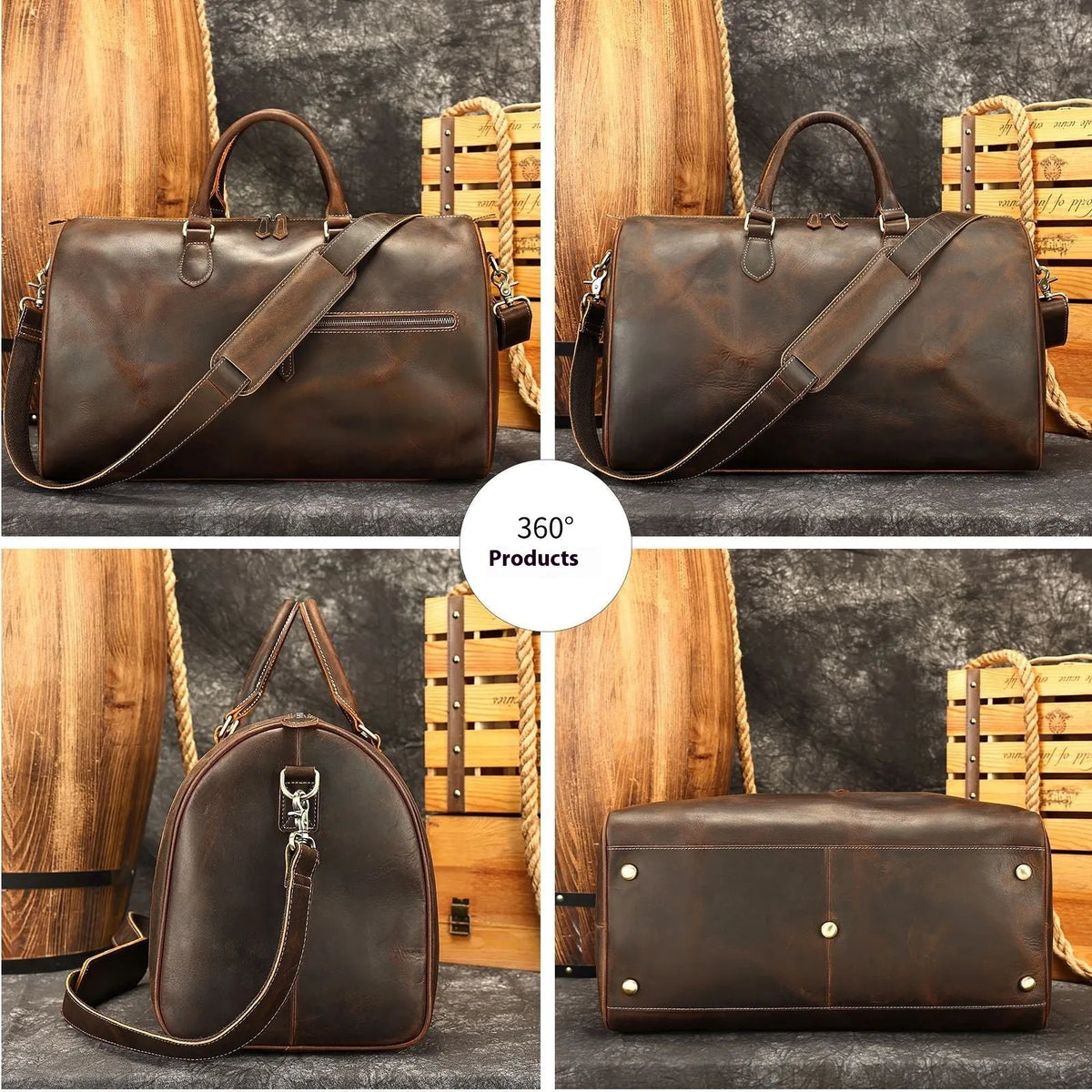 Men's vintage brown leather crossbody messenger bag shown with dimensions