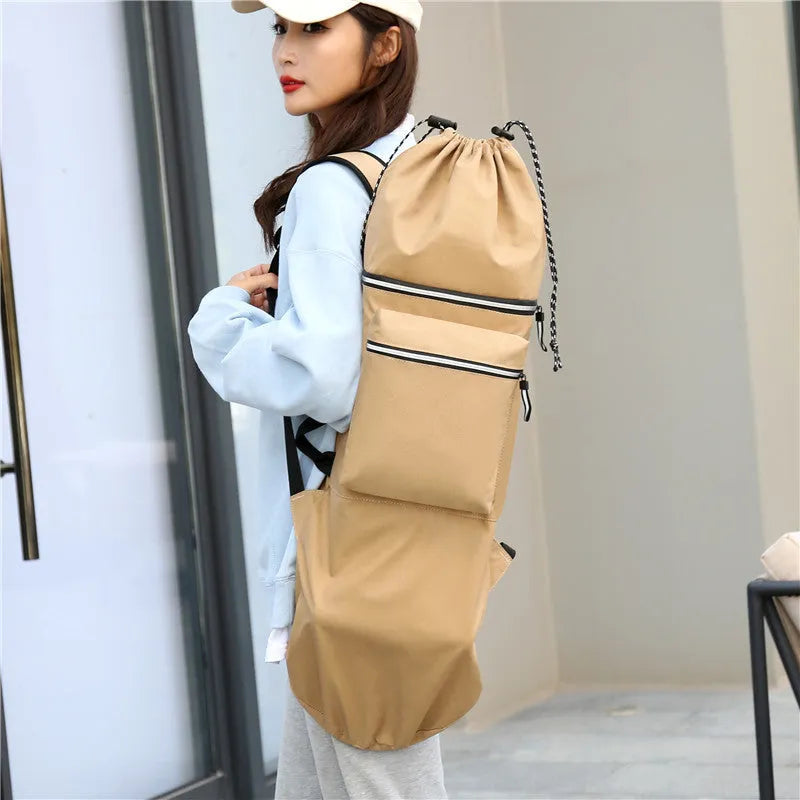 Waterproof nylon skateboard backpack with 20-35L capacity for longboards and fishing rods