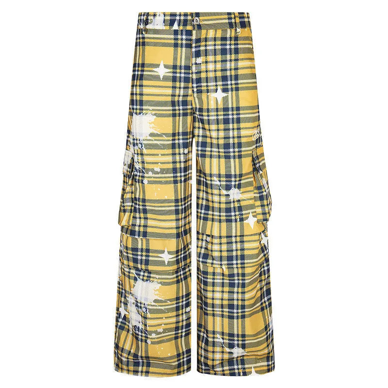 Men's blue and yellow plaid retro overalls with straight-leg trousers design and mid-waist fit