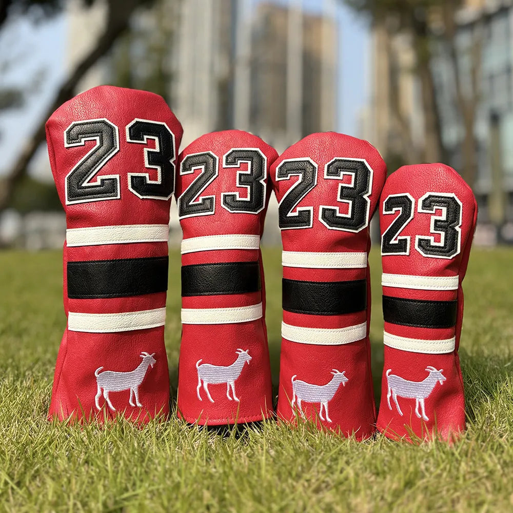 Set of PU golf club head covers in red, black, white, and yellow colours.