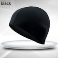Black solid colour polyester swimming cap for adult unisex use in pools