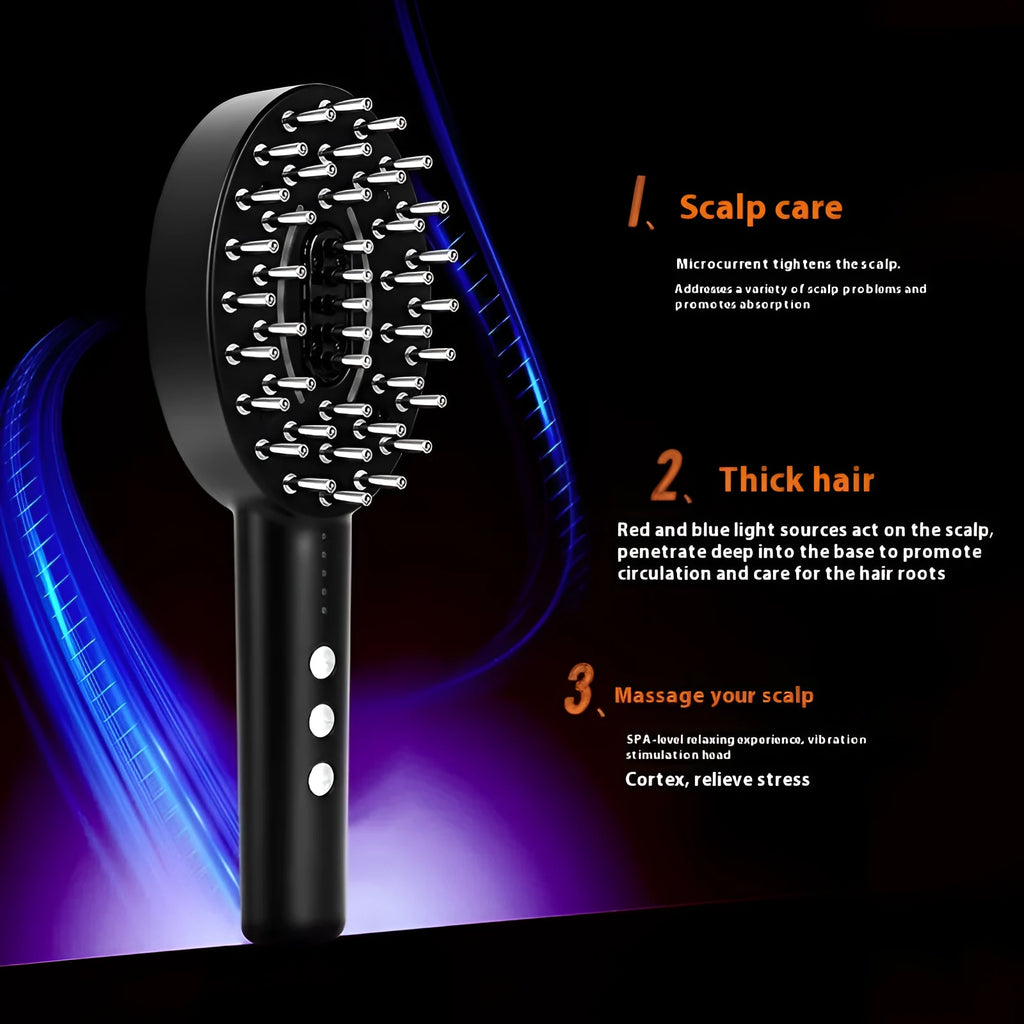 KD3802 Black handheld vibration scalp massage device with USB charging cable.