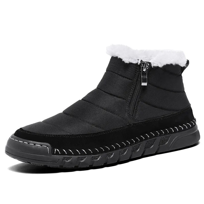 Men's plus size snow boot in a solid colour with a round toe, flat heel, and non-slip rubber sole.