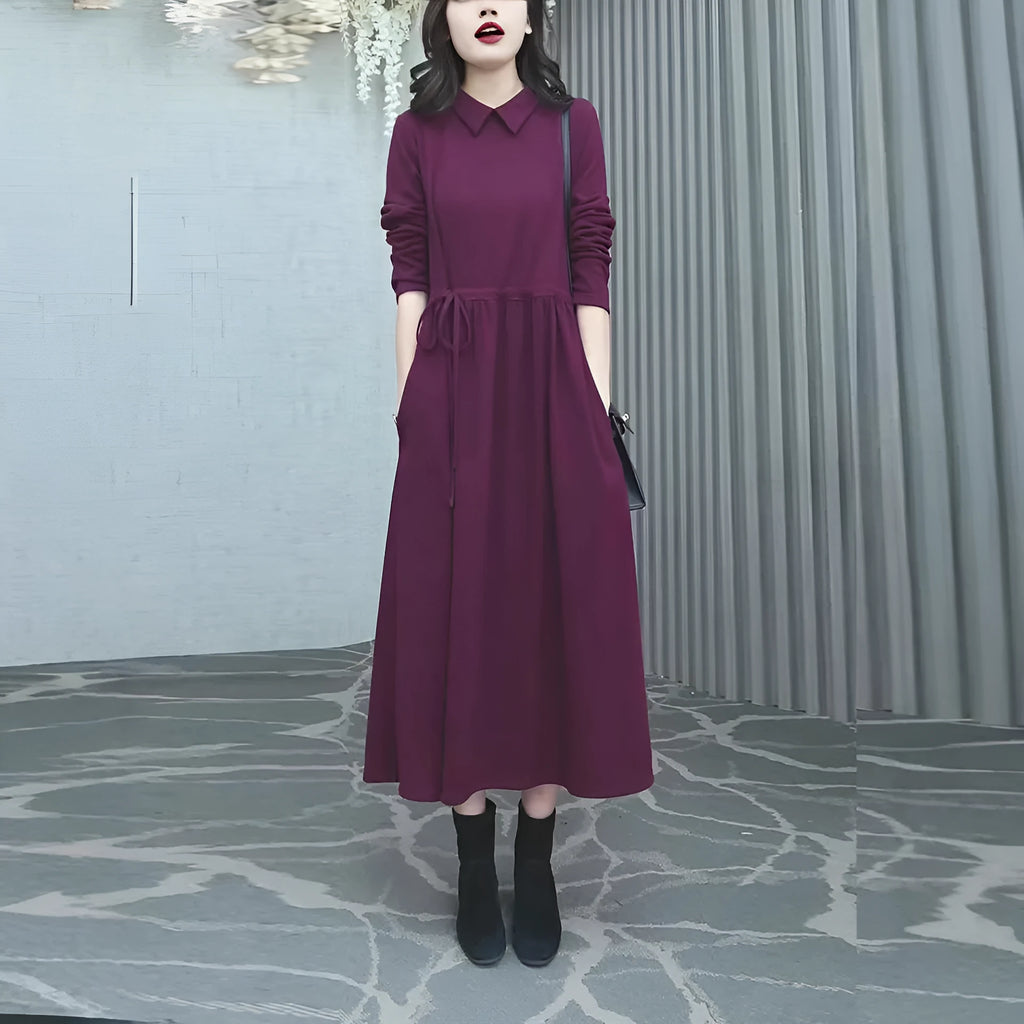 Purplish red women's plus size dress with extra long sleeves and urban style design for autumn winter