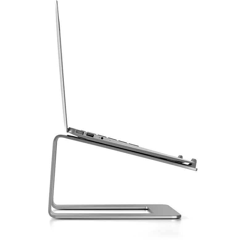 Black aluminium laptop stand elevating notebook with improved ventilation space underneath