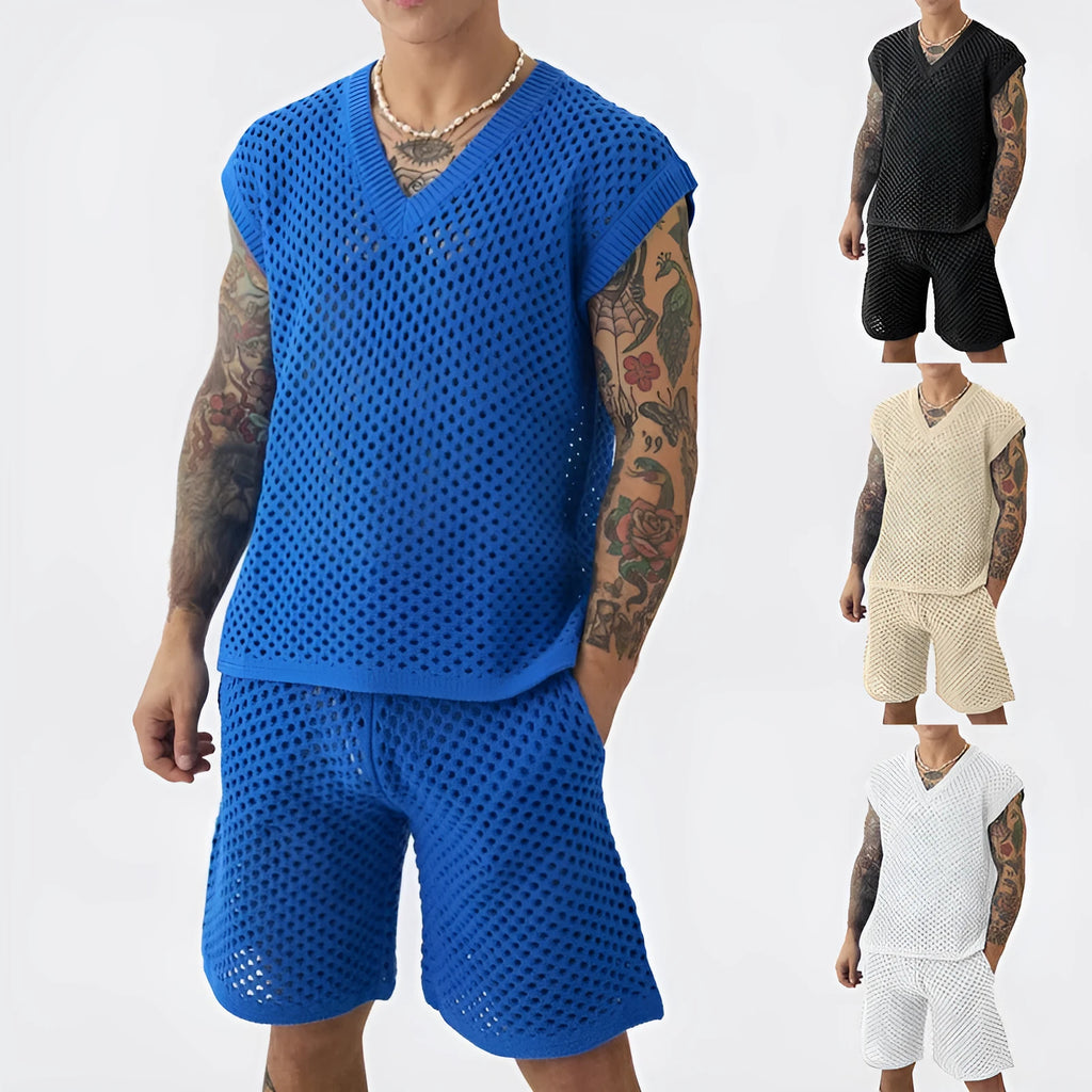 Men's blue V-neck knitted vest and matching shorts sports suit set for summer activities