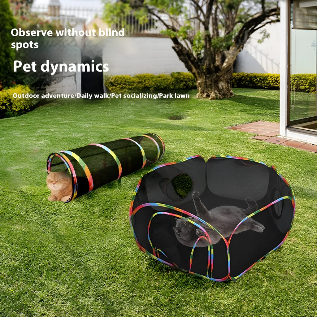 Foldable mesh cat cage in hexagonal style showing breathable fabric and collapsible design