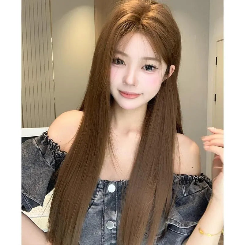 Warm brown lace front wig with long straight hair and centre-parted bangs.