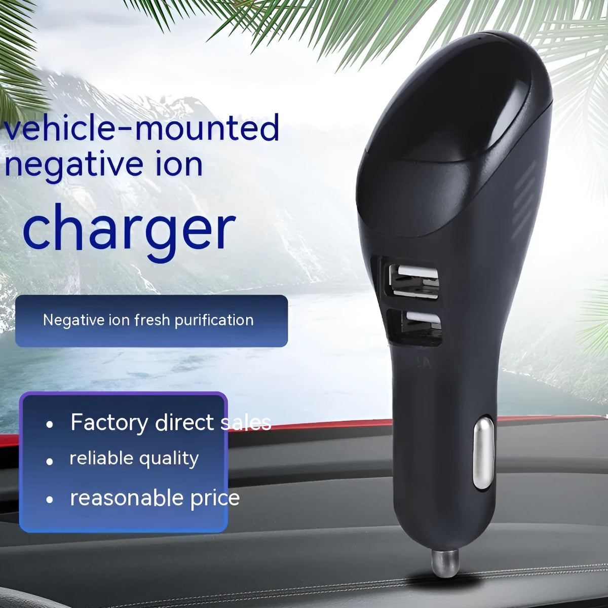 White car USB charger and air purifier unit for vehicle cigarette lighter socket with dual USB ports