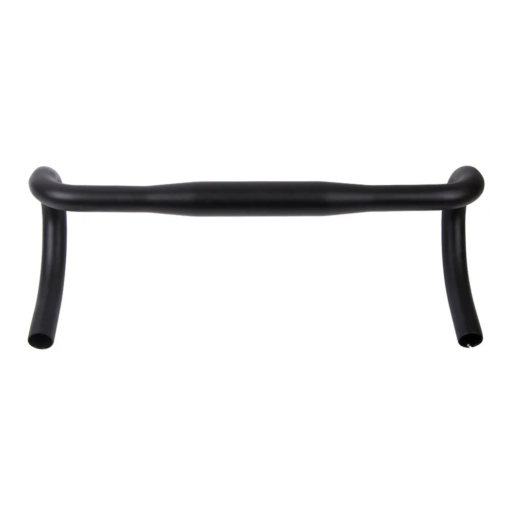 UNO black aluminium alloy road bike drop handlebar showing small bend and printing mark on clamp.