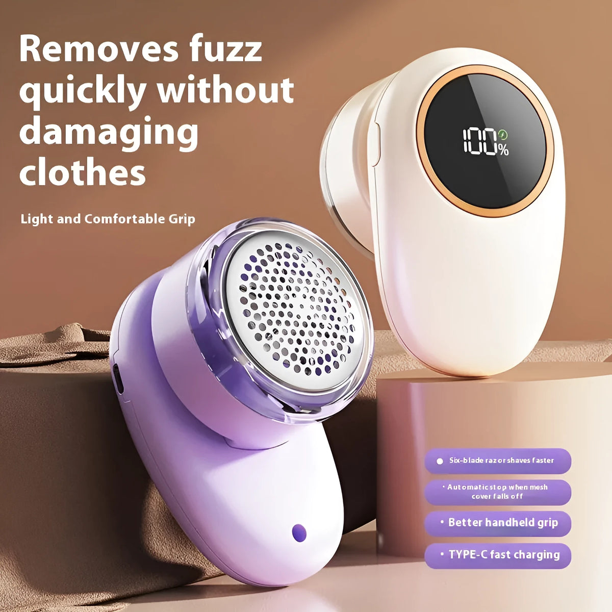 Digital display fur ball trimmer in beige or purple with replaceable cutter heads for fabric maintenance
