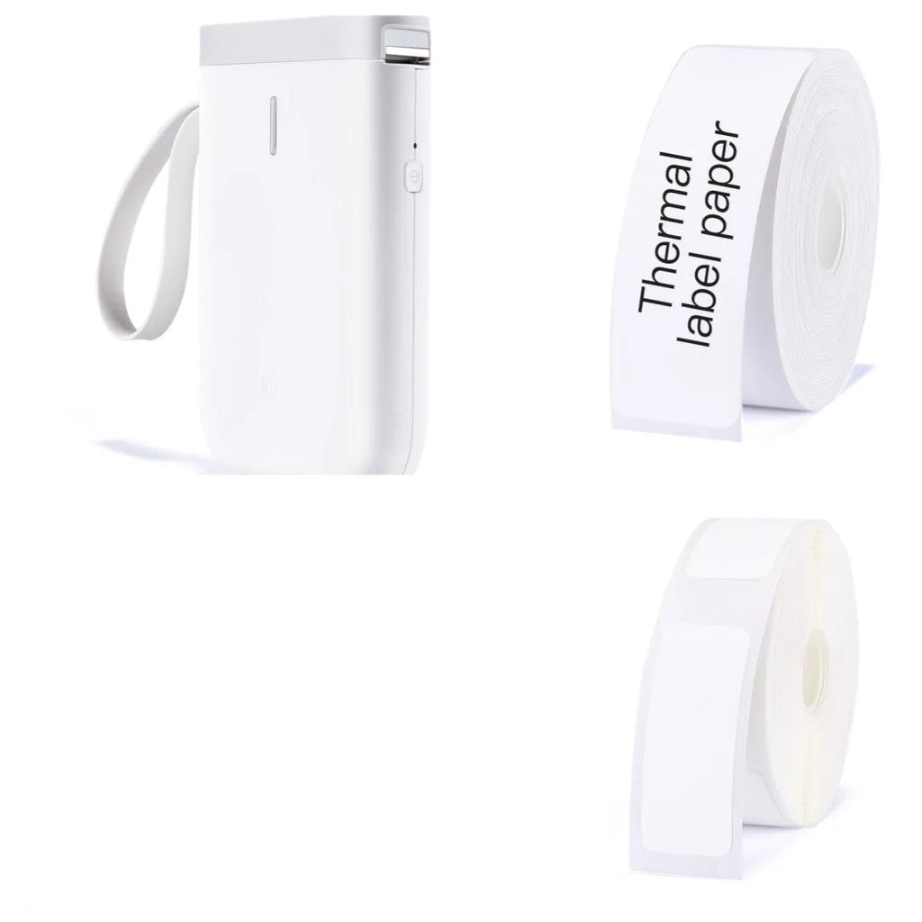 D11 Bluetooth thermal label printer in black, white, green, or pink next to a smartphone showing the label design app.