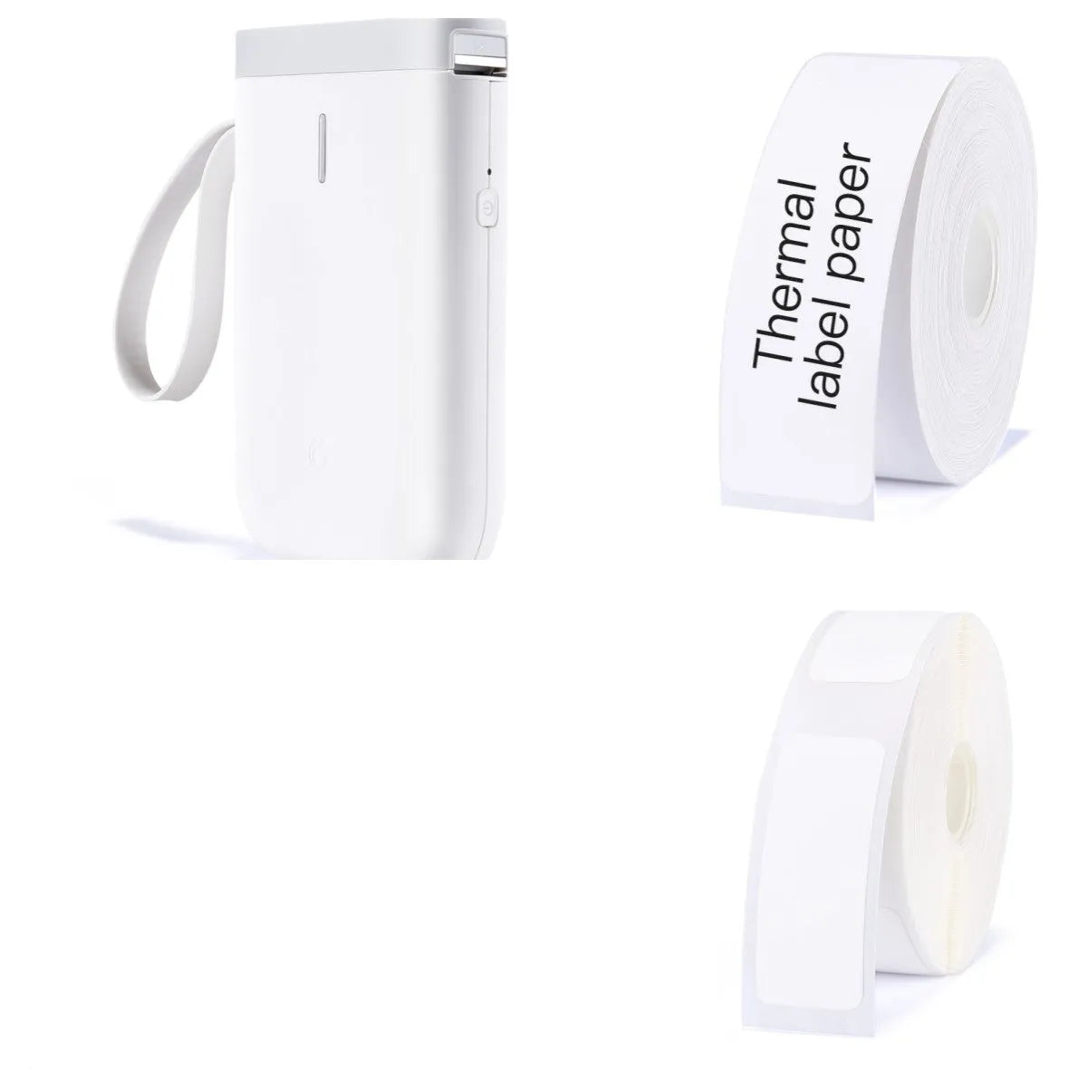 D11 Bluetooth thermal label printer in black, white, green, or pink next to a smartphone showing the label design app.