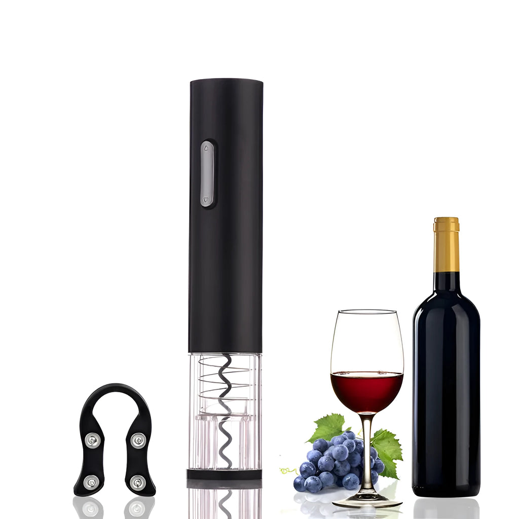Black automatic electric wine bottle opener with foil cutter on silver wine bottle