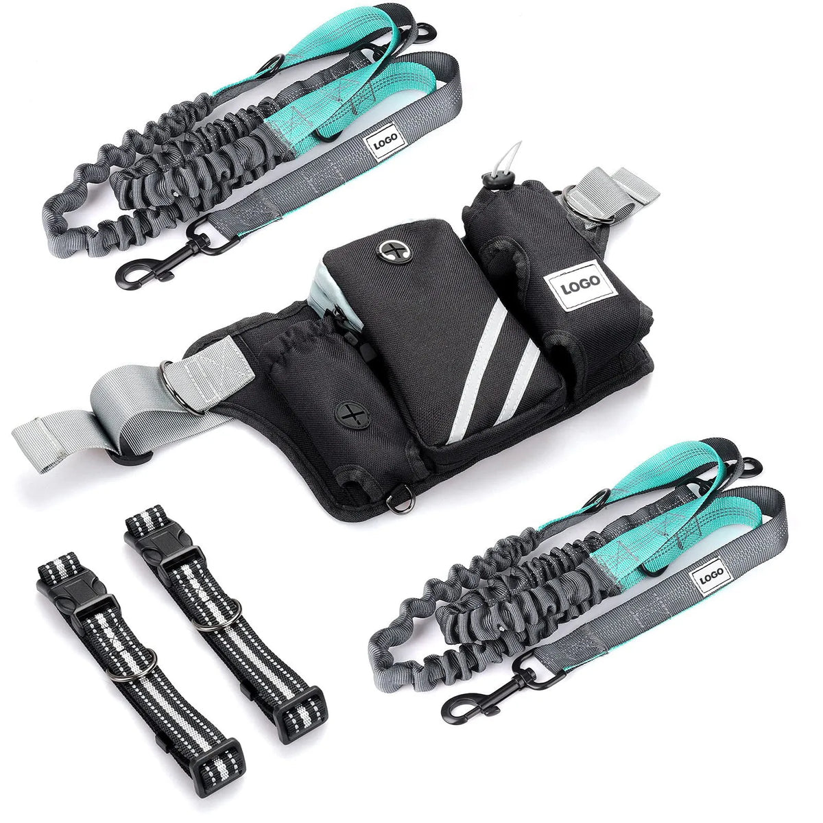 Black outdoor dog walking set with nylon waist bag and adjustable leash for pet training