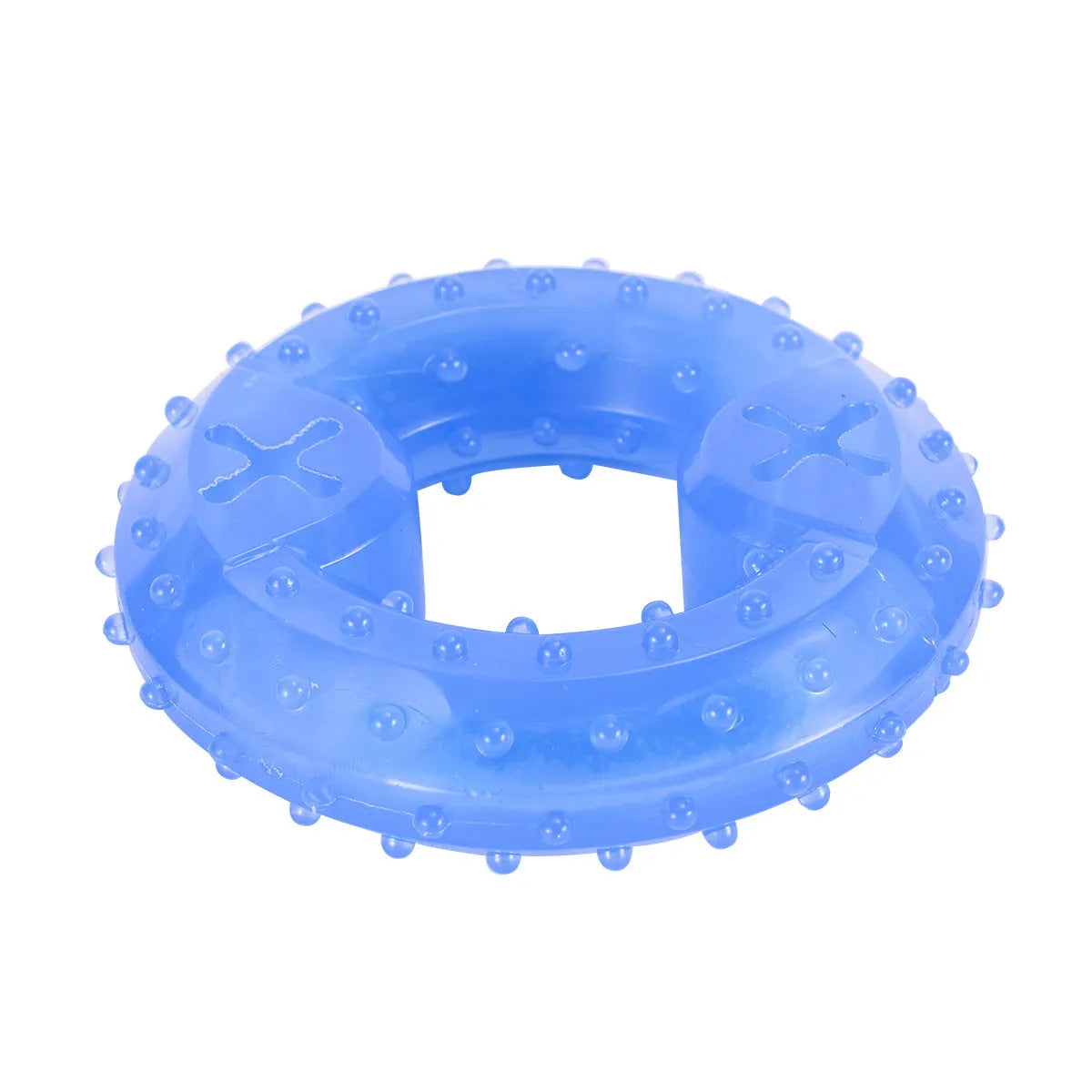 Freezable non-toxic dog teething chew toy with treat filling for cooling and dental care.