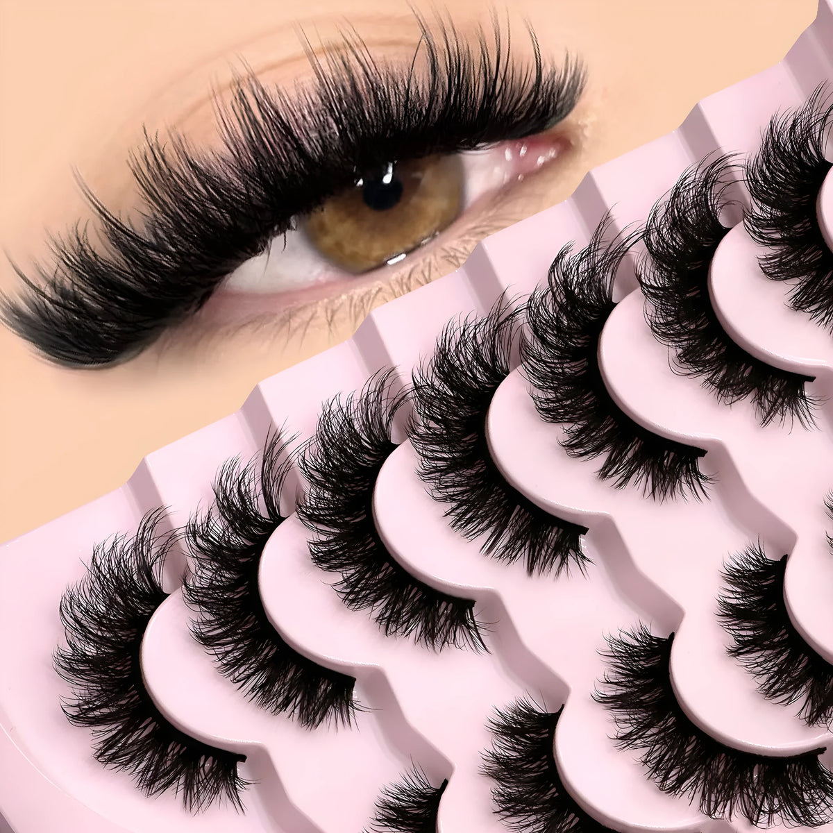 Box of natural false eyelashes with six style options and included adhesive glue tube.