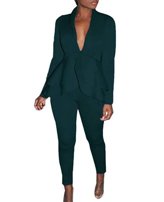 Women's white ruffled top and pencil pants business suit set on a hanger.