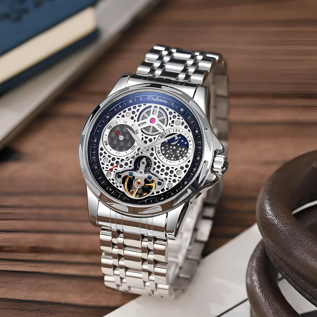 Men's automatic waterproof watch with luminous dial on stainless steel bracelet.