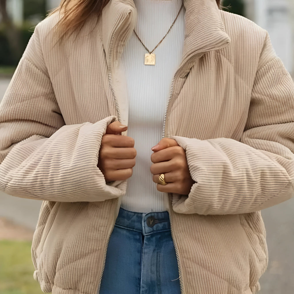 Women's apricot corduroy wadded jacket with stand collar and full-length zipper in European street fashion style
