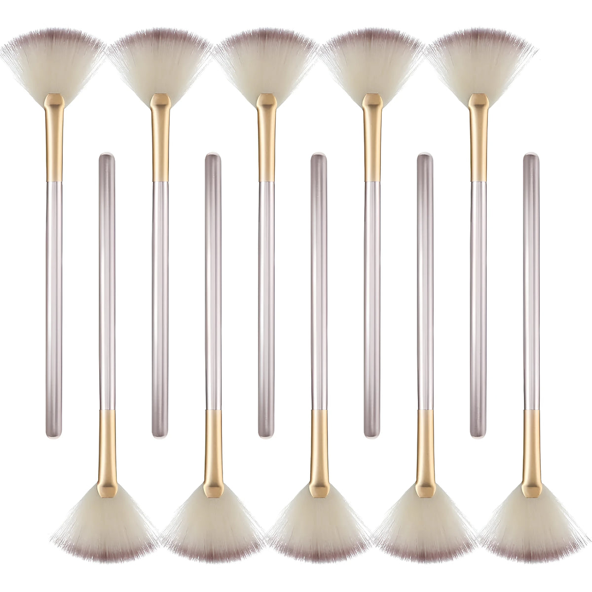 Ten champagne-finished facial fan brushes with acrylic handles and protective covers.