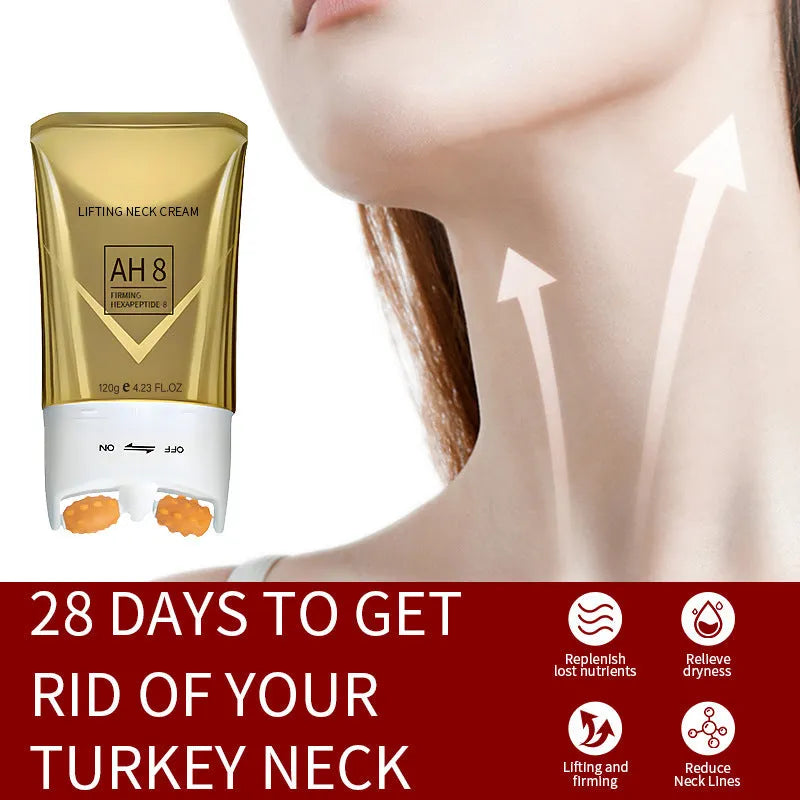 Roller neck cream tube with built-in massage applicator for neck moisturising and firming treatment