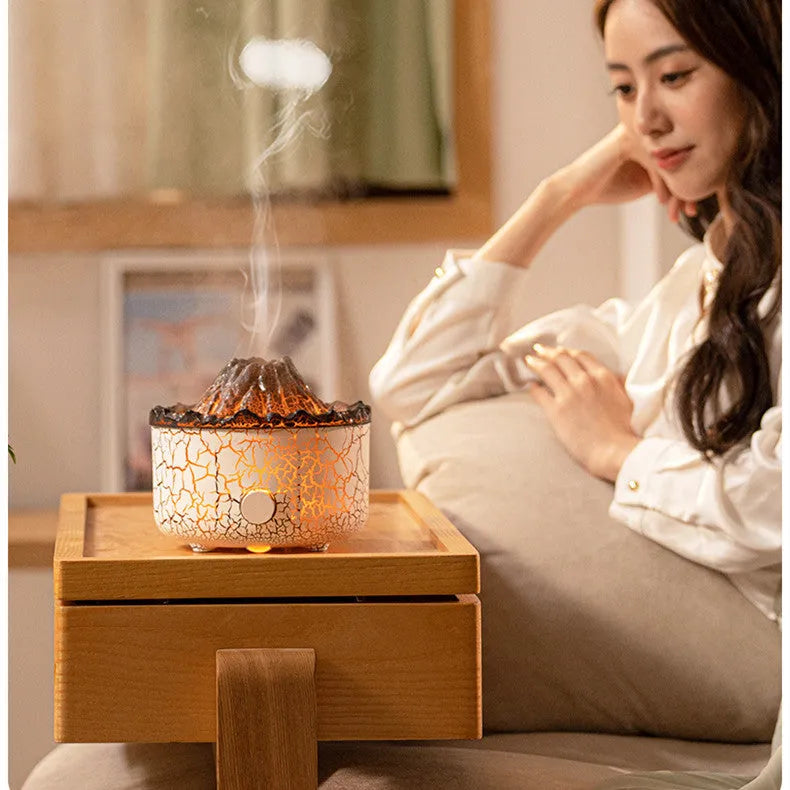 Volcano humidifier with LED flame and jellyfish mist effect, 0.5-1L tank, remote control, plug-in ultrasonic diffuser