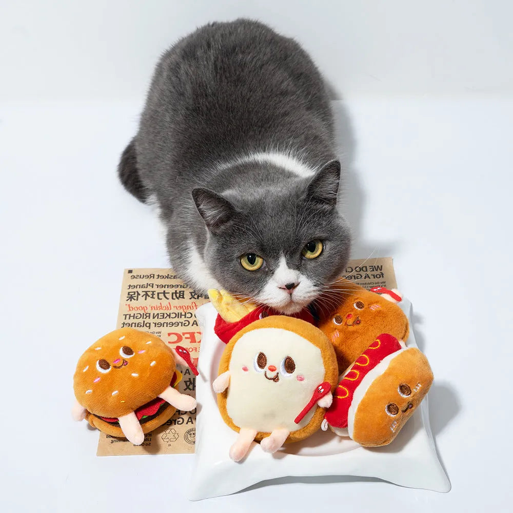 Soft TPR cat chewing toy set with hamburger, chicken leg, bread, fries, and hot dog designs for kitten teething.