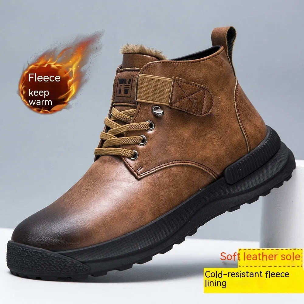 Men's black high-top platform Martin boots with rubber sole and velvet trim on a white background.