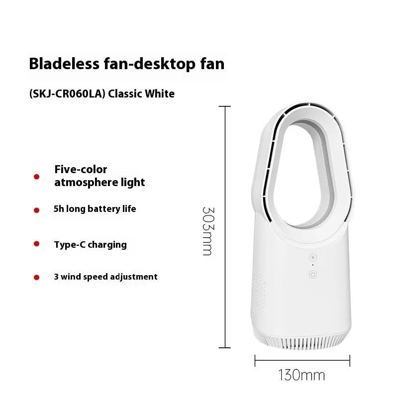 White SK bladeless tower fan with a remote control on a wooden floor next to a desk.