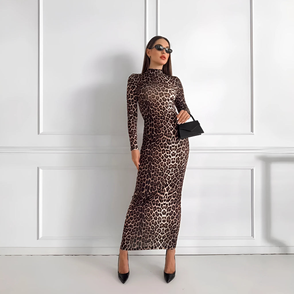 Leopard print stand collar long sleeve dress with high waist and hip skirt silhouette