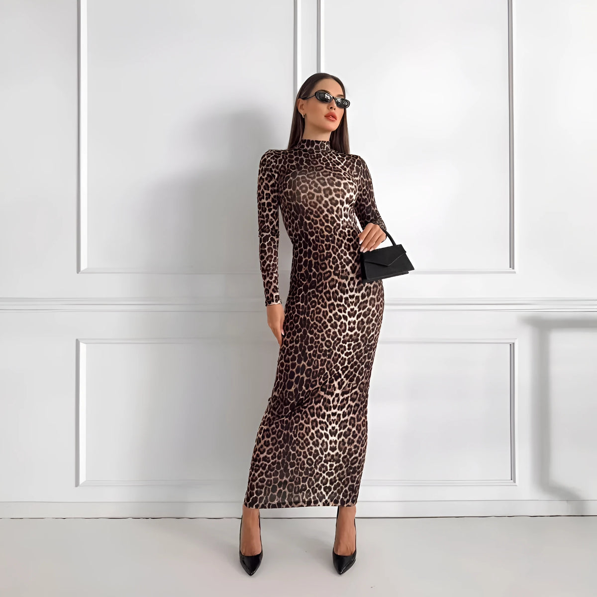 Leopard print stand collar long sleeve dress with high waist and hip skirt silhouette