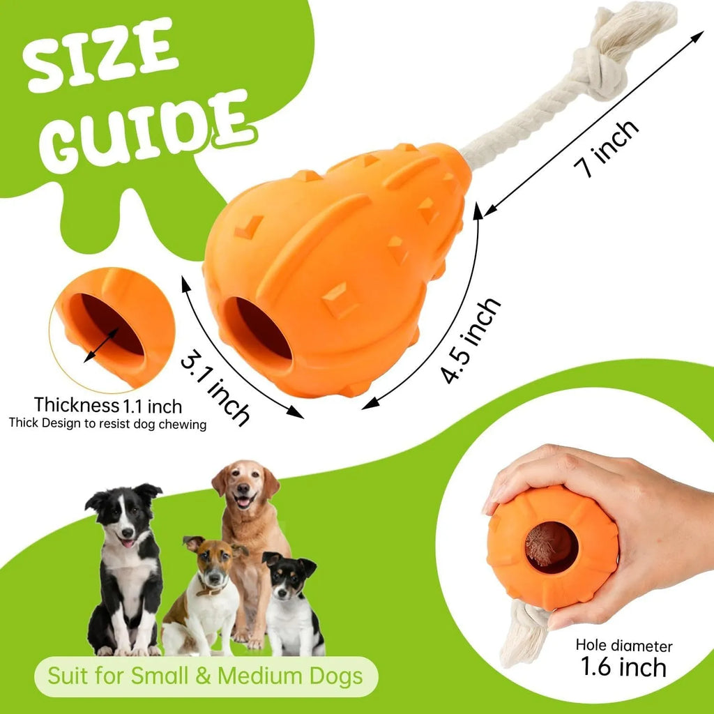 Natural rubber stuffable dog chew toy with longer strap for interactive play and treat dispensing
