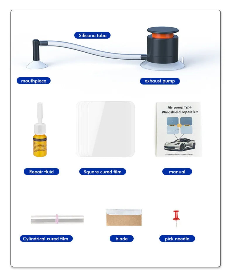 Car windscreen crack repair tool kit with plastic applicator and glass corrector resin bottle
