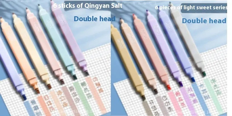 Pack of double-headed fluorescent marking pens showing both a broad and fine tip, with Salt series or Sweet series packaging.