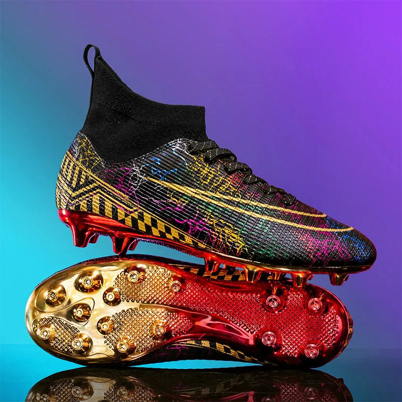 High-top football training shoes with gold-plated PVC soles in black, white and mandarin duck colours