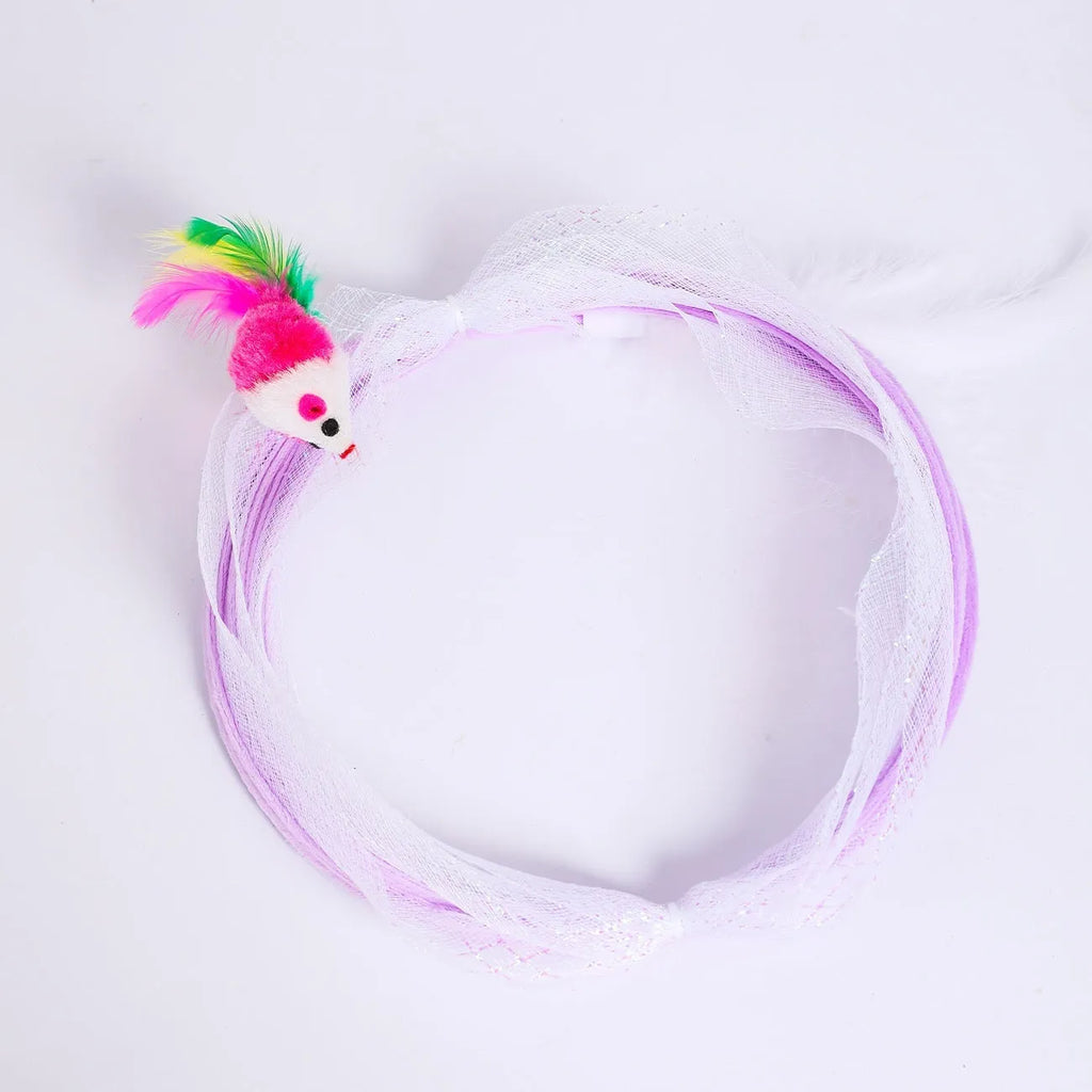 S-type cat tunnel toy with steel wire frame, elastic net, and feather attachments