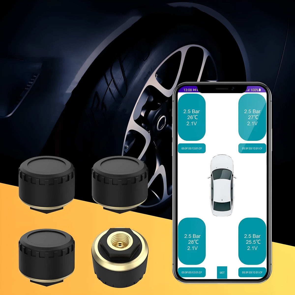 Four black wireless tyre pressure monitors with Bluetooth connectivity for car tyre pressure monitoring via mobile app