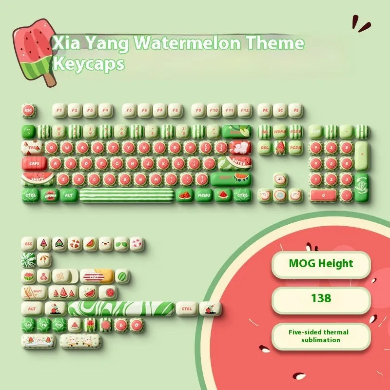 Watermelon themed mechanical keyboard key caps with five-sided sublimation print on PBT plastic.