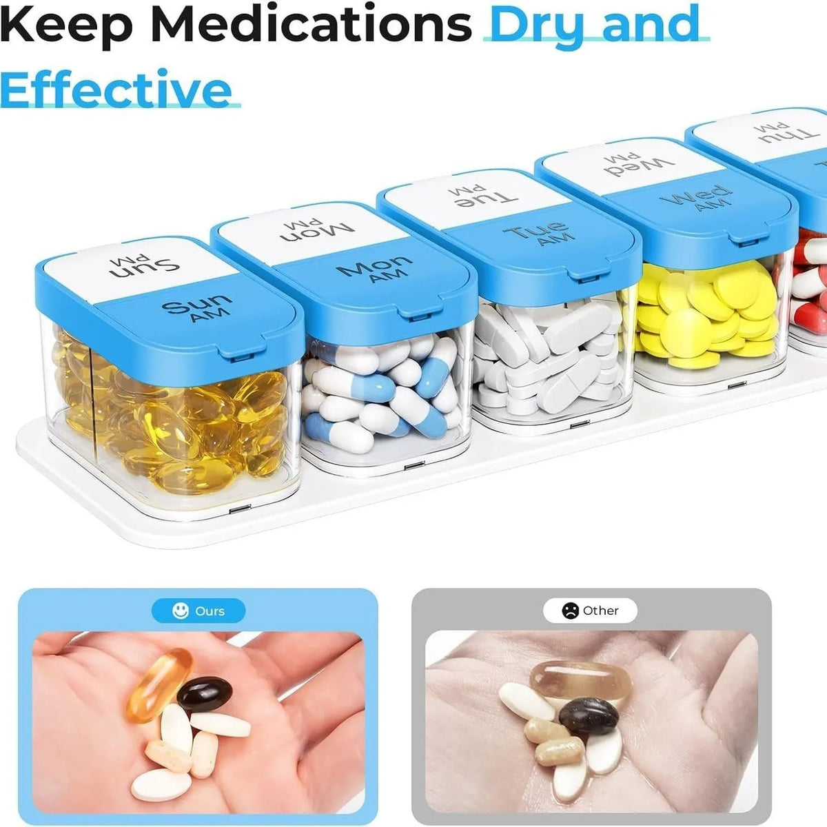 14 compartment plastic pill organiser with removable daily trays in rainbow colour option showing dimensions