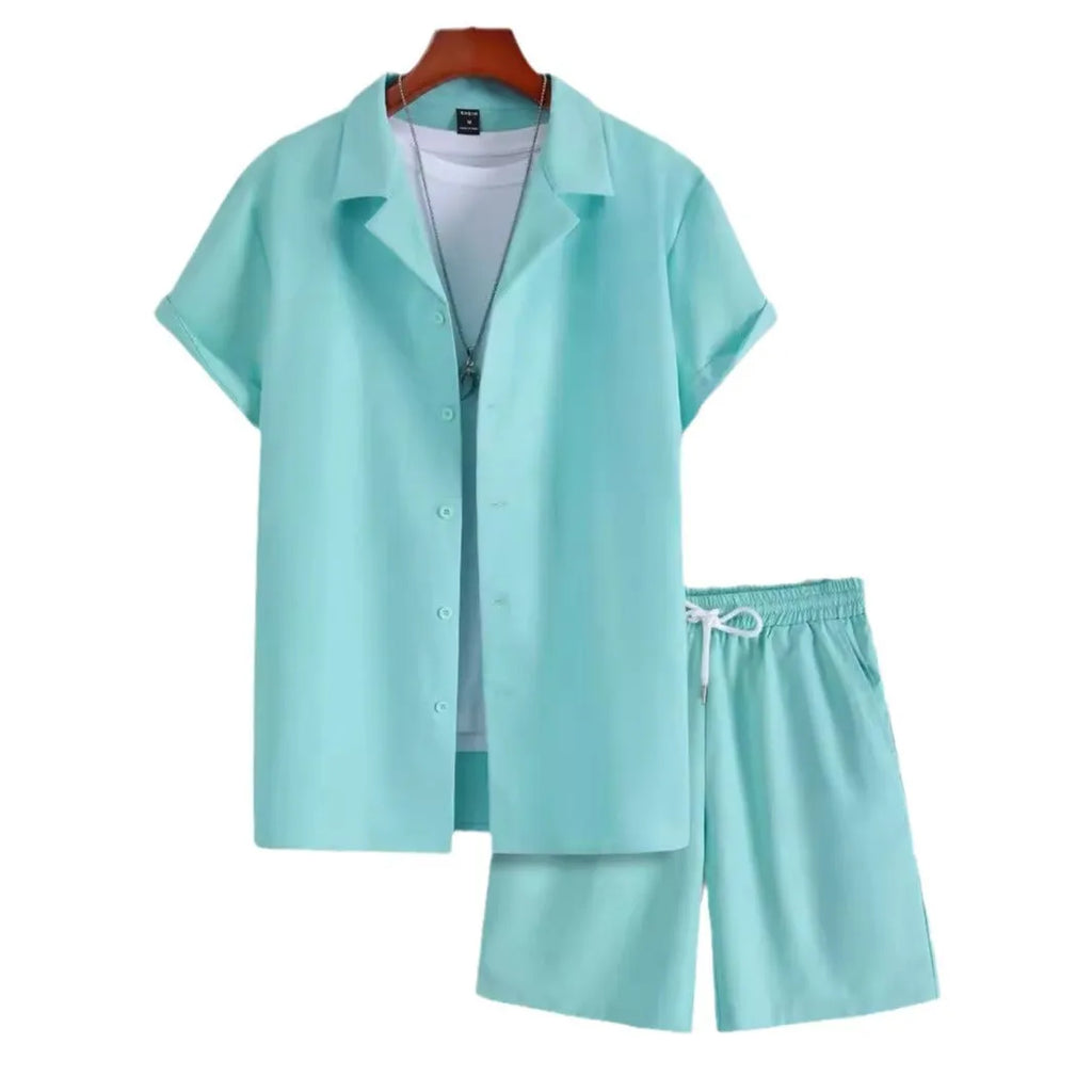 Men's short sleeve Cuban collar sport suit set with matching shorts in thin polyester fabric