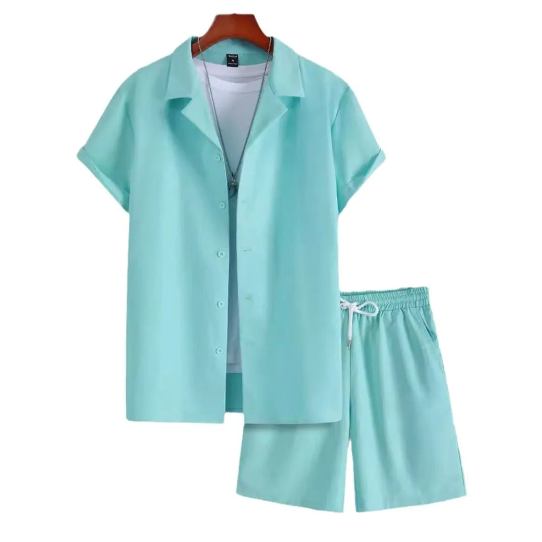 Men's short sleeve Cuban collar sport suit set with matching shorts in thin polyester fabric