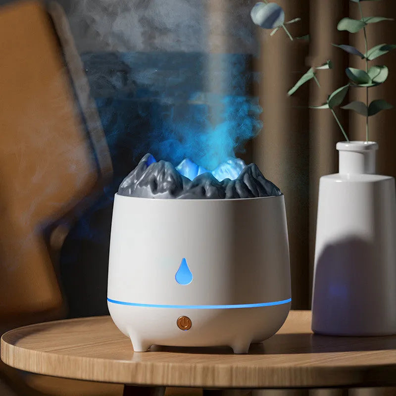 Volcano humidifier with flaming mountain design in black or white colour