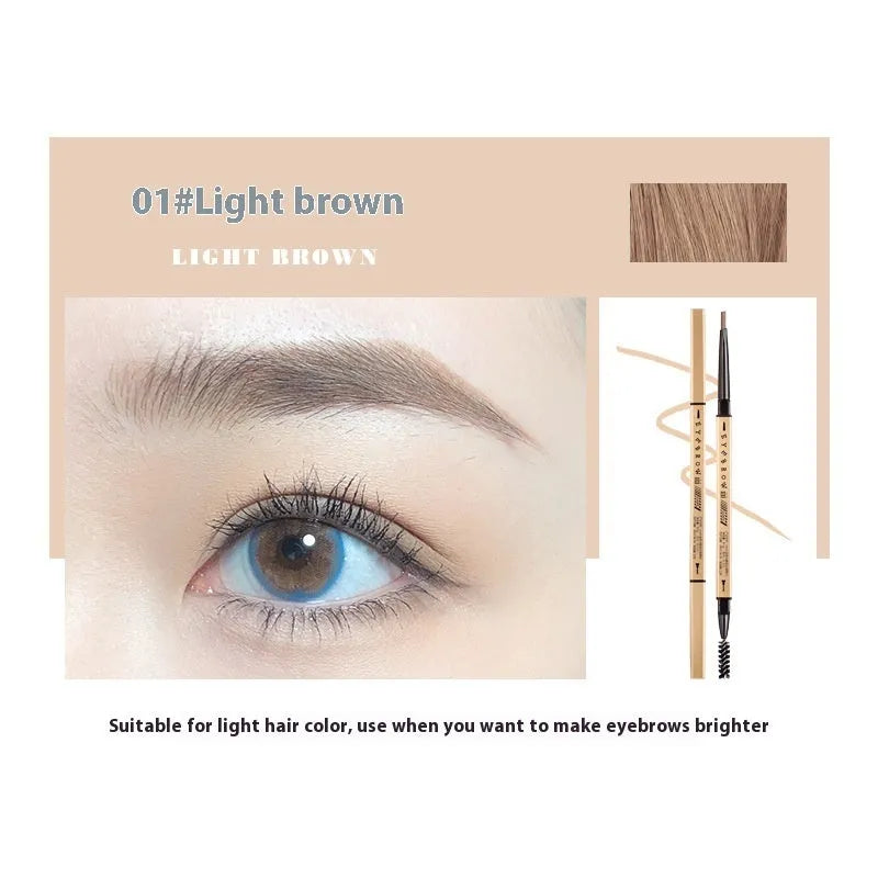 Small gold ultra-fine eyebrow pencil showing five natural shade options including brown and gray tones