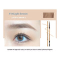 Small gold ultra-fine eyebrow pencil showing five natural shade options including brown and gray tones